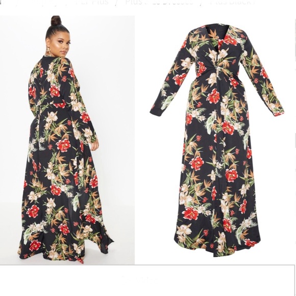 PrettyLittleThings black floral twist front maxi dress - Picture 3 of 7
